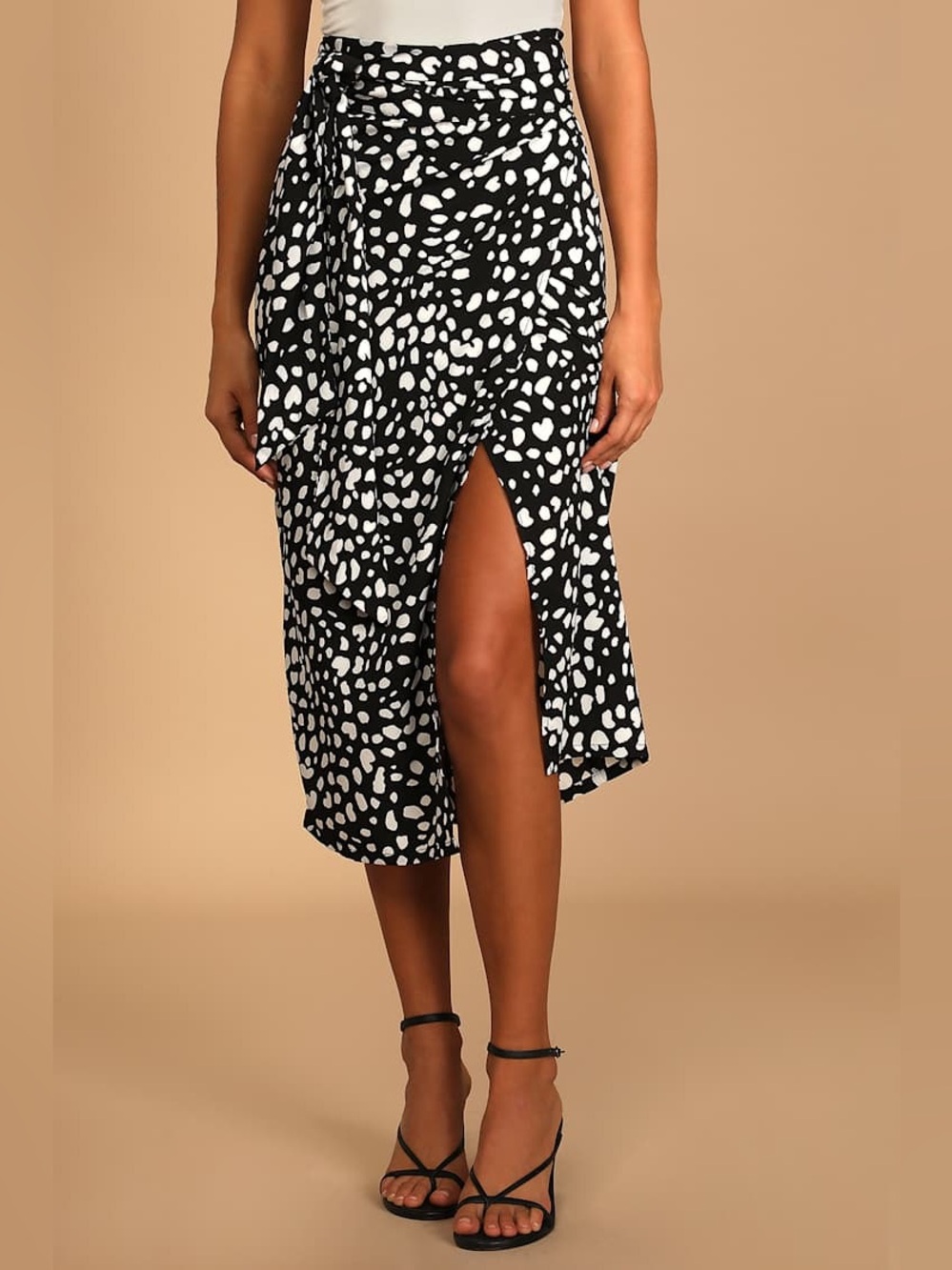 Lulu's Black and White Dalmatian Print Midi Skirt with Front Slit